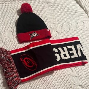 Carolina Hurricanes NHL Black and Red Beanie and Scarf Set.  Scarf is 25th anniv